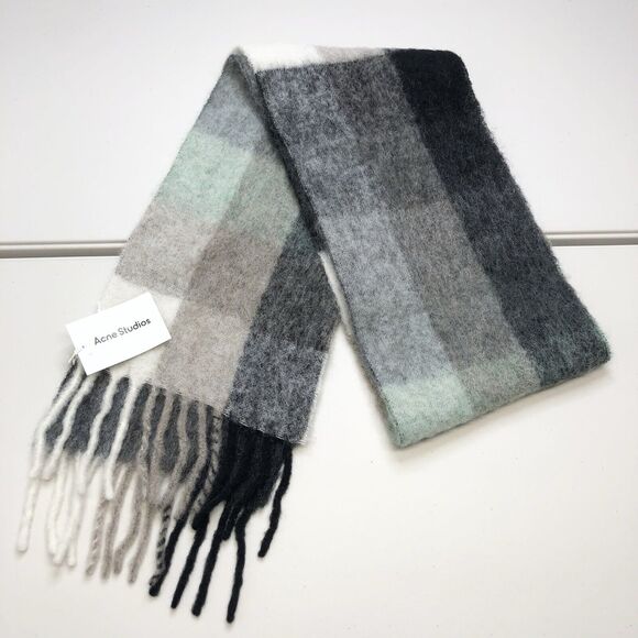 NWT ACNE STUDIOS Vally Checked Alpaca Wool Blend Scarf Black Gray Green - Picture 1 of 9